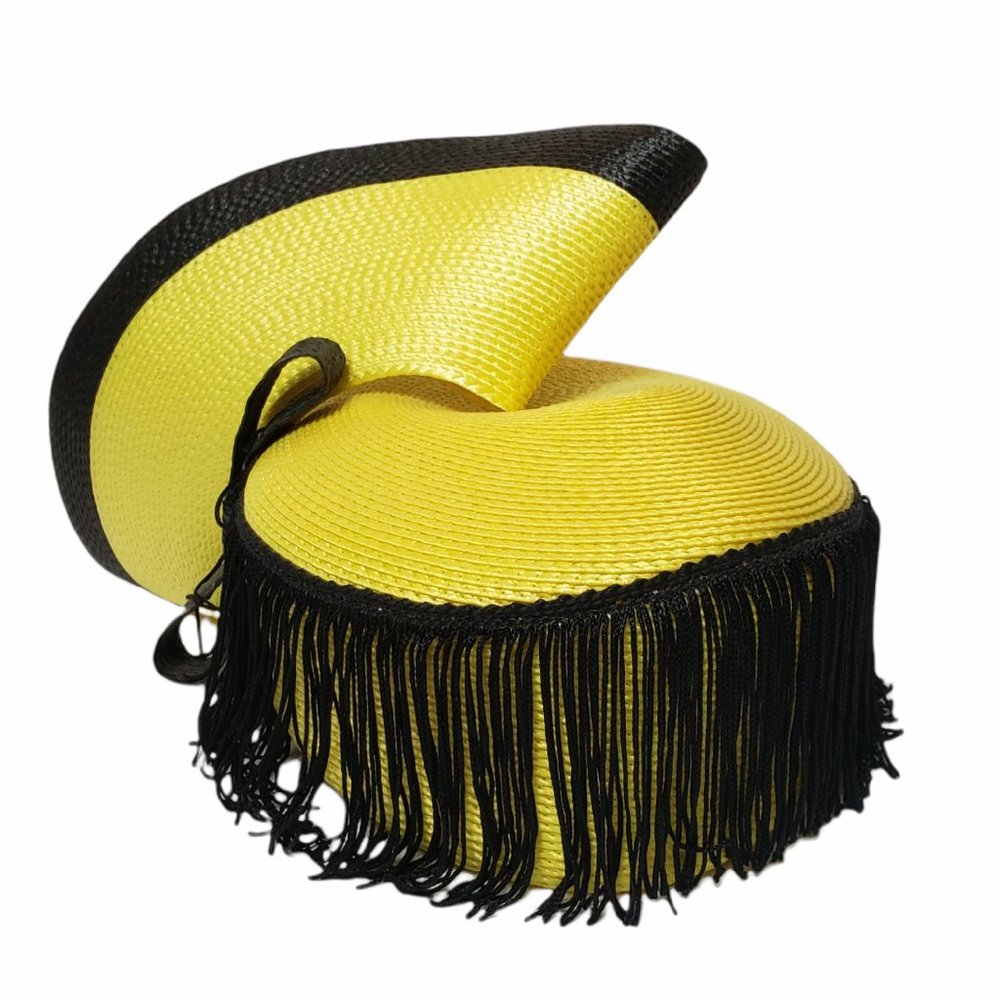 Essence Vintage Pill Box Hat Wedding Bridal Yellow Black Easter Woven Church